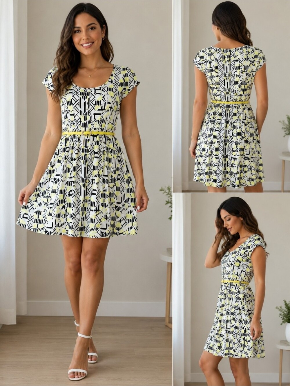 Casual Geometric Print Dress with Yellow Accents Small